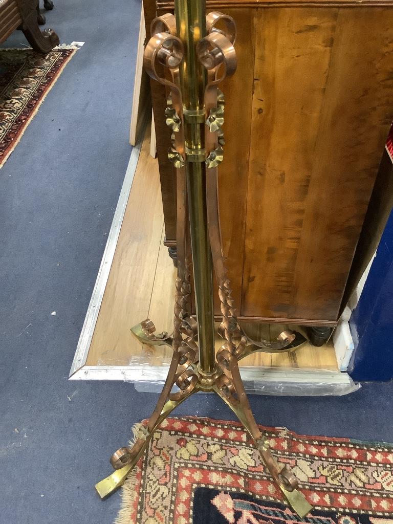 A late Victorian Art Nouveau brass and wrought copper telescopic lamp standard (converted)